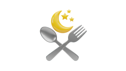 3D Moon and Stars with Spoon and Fork Icon on transparent background