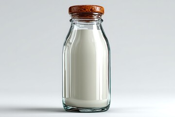 glass milk bottle on pure white seamless background soft natural lighting realistic reflections, Realistic Photo