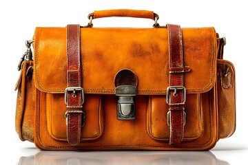 vintage leather satchel bag on pure white background soft studio illumination detailed texture for stock usage, Realistic Photo