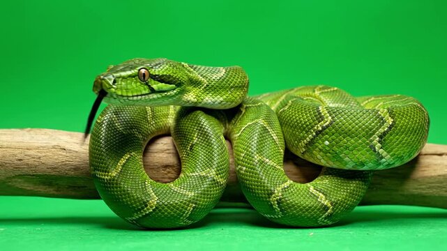 Vibrant Green Python Coiled on Branch with Tongue Flicking.