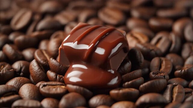 Close-up of a Chocolate Candy Drizzled with Melted Chocolate on a Bed of Coffee Beans truffle praline