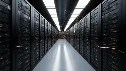 Data center with server racks for technology, IT and cloud computing services.