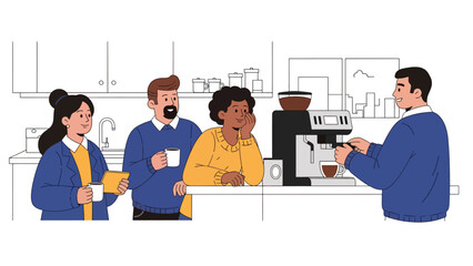 Modern flat vector illustration of coworkers chatting during office coffee break near kitchen area, friendly rounded shapes, ideal for lifestyle business content