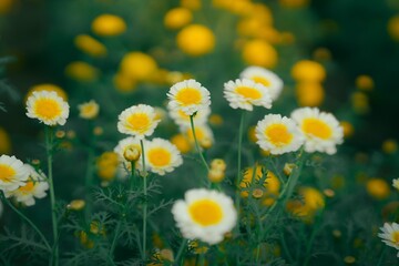 Close up view of charming white and yellow daisy flowers in bloom creating a soft focus natural background perfect for serene and uplifting designs