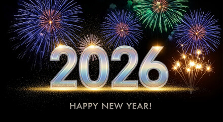 Image of colorful fireworks with silvery numbers forming 2026 on black background. Celebrating new year, represents festive occasion and party