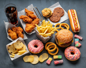 Variety of Unhealthy Snacks and Fast Food Items junk food
