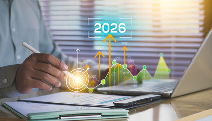 Business strategy planning for 2026, data growth analysis, financial performance targets, long term corporate goals, rising charts, digital dashboard and professional workspace context