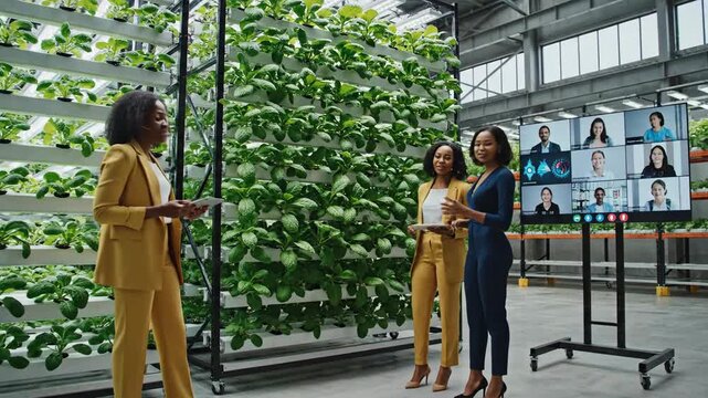Professional women leading a discussion on sustainable hydroponic farming and agritech innovation during a remote online meeting