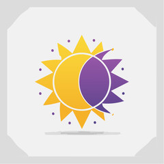 Stylized sun and moon illustration with a yellow sun and purple moon.