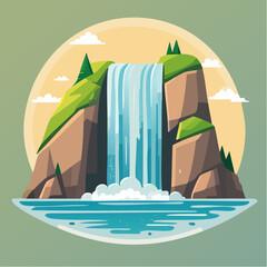 Cartoon illustration of a waterfall cascading into a pool of water.