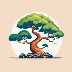 Stylized illustration of a bonsai tree with a twisted trunk and lush green foliage against a circular backdrop.