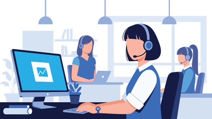 Modern flat vector illustration of customer support team working in office with headsets, friendly rounded shapes, ideal for service and helpdesk themes