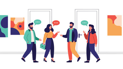 Modern flat vector illustration of coworkers walking and talking in office hallway, friendly rounded shapes, ideal for workplace culture visuals