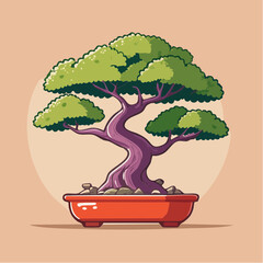Cartoon bonsai tree in a red pot with a beige background.