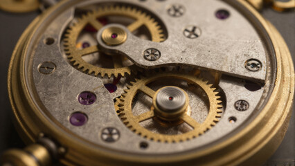 Intricate Mechanisms of a Vintage Pocket Watch, Close-Up Photography, Elegant Background, Timeless Craftsmanship