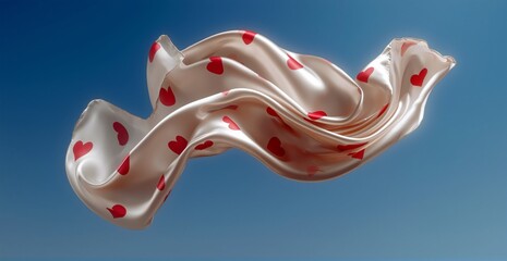 Flowing scarf with red heart pattern floating against a clear blue sky, creating a romantic, airy, surreal composition symbolizing love, movement, elegance, and lightness.