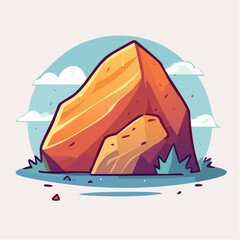Cartoon illustration of a large rock formation with grass and clouds in the background.