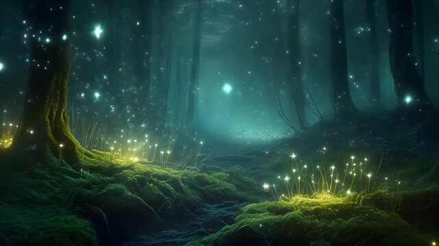 Dark enchanted forest with glowing moss and sparkling fireflies on a misty night magical