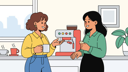 Modern flat vector illustration of women chatting during office coffee break in kitchen area, friendly style, ideal for workplace lifestyle visuals