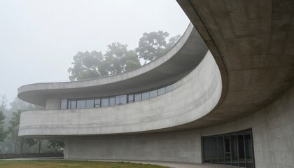 Obraz premium Modern curved concrete building on foggy day with trees