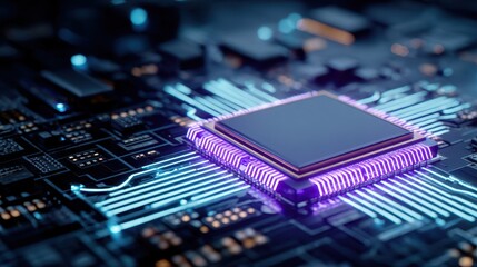Futuristic Computer Processor Microchip Glowing with Blue and Purple Neon Light on Circuit Board