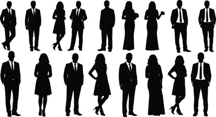 Silhouettes of people in business attire standing in various poses formal wear