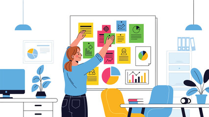 Modern flat vector illustration of woman organizing tasks and notes in office, productivity planning scene, ideal for project management visuals