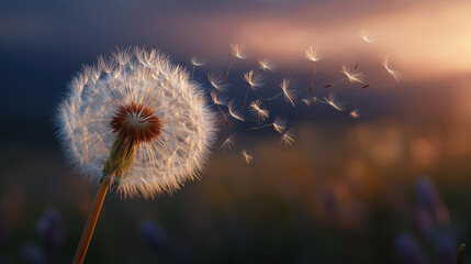 Dandelion Seeds: A close-up shot of a dandelion head releasing its delicate seeds into the wind, symbolizing dreams, freedom, and the transient beauty of nature.
