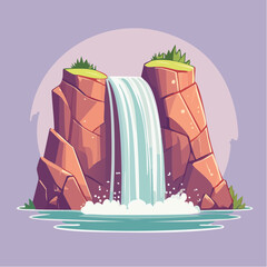 Cartoon illustration of a waterfall cascading between two rocky cliffs into a pool of water.