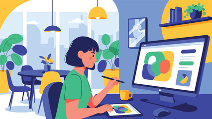 Modern flat vector illustration of female graphic designer working in office with large monitor, creative work scene, ideal for agency branding