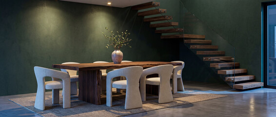 3D rendering of a luxury smart home interior with green walls, integrated lighting systems, open living dining kitchen zone, warm ambient light with cool night city glow, ultra realistic, 8k