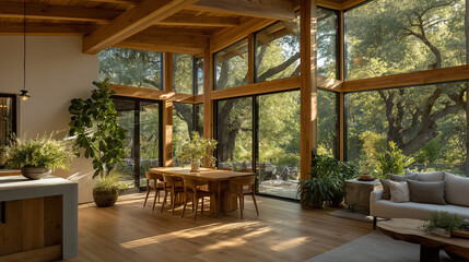 Fototapeta premium Modern Interior and Nature's Embrace: An exquisite open-plan living space seamlessly merges indoor comfort with the breathtaking beauty of the natural environment.