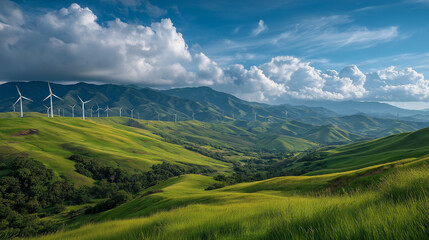 Renewable Energy on the Horizon: A serene landscape, where rolling green hills meet towering windmills under a sky dotted with fluffy clouds.