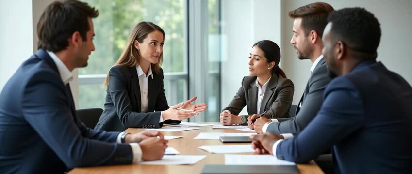 Professional team in a business meeting discussing strategy, with a slow camera pan capturing confident smiles and gestures, set in a modern office; cinematic style with ambient light flicker.
