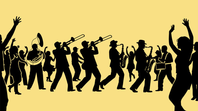 Silhouette of a cheerful jazz band performing on a yellow background