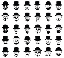 Gentleman fashion icons hats, beards, mustaches, and glasses vector set