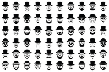 Collection of gentleman avatar icons with top hats, bowlers, beards and mustaches