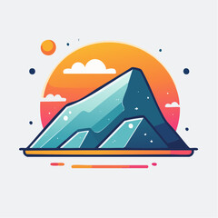 Stylized illustration of a mountain range with a vibrant sunset backdrop and minimalist design elements.