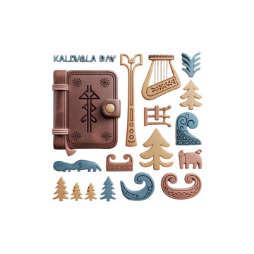 Nordic Mythology 3D Clay Icon Set  Kalevala Day Traditional Finnish Elements
