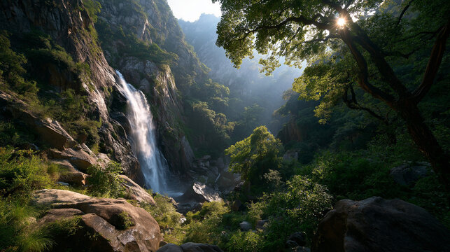 Majestic Waterfall in Sunlit Valley: Capturing the timeless beauty of nature, a powerful waterfall cascades down rocky cliffs into a lush green valley. - Powered by Adobe