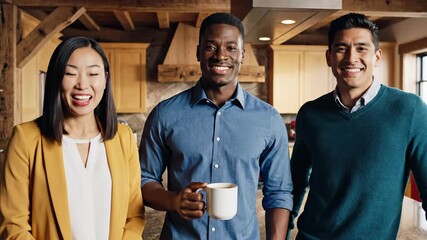 Happy diverse team of three multiethnic business professionals smiling together during a coffee break in a modern office