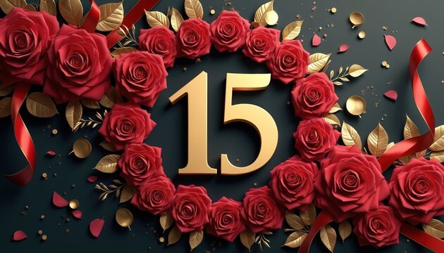 Golden number 15 framed by red roses and gold leaves. Festive ribbon streamers and confetti suggest a luxurious anniversary or milestone event. Elegant floral design for special celebrations. - Powered by Adobe