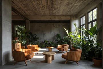 Fototapeta premium A serene interior with concrete and exposed stone featuring wooden furniture and lush greenery viewed from a central perspective