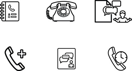 line icons of various communication devices and symbols used for talking and messaging on a white background