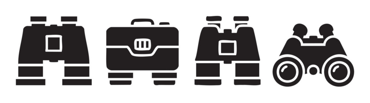 Collection of black silhouette binoculars and briefcase icons representing concepts of business, travel, exploration, and observation in a simple vector illustration.