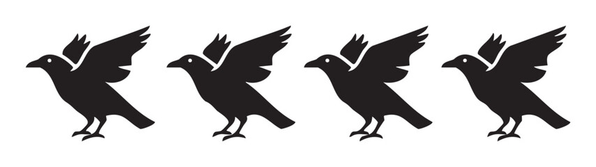 Fototapeta premium Four black crow bird silhouettes with wings spread in a row, depicting flight or movement, presented as a simple graphic illustration.