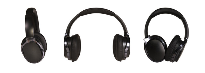 A set of black wireless headphones, taken from different angles on an isolated background