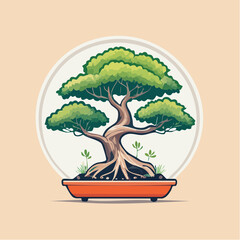 Stylized bonsai tree in orange pot against a white circle on a peach background.