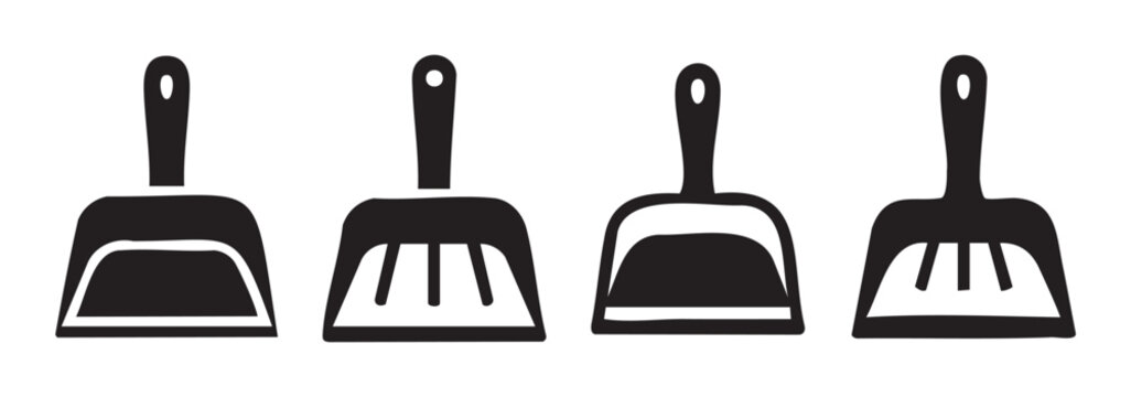 Four black dustpan cleaning tool icons representing household sweeping and tidying equipment for various domestic chores and maintenance tasks.