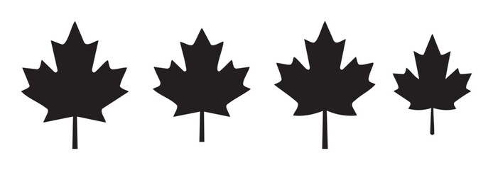 Four black maple leaf silhouettes in varying sizes arranged horizontally, symbolizing nature, autumn, and national identity in a clean graphic design.